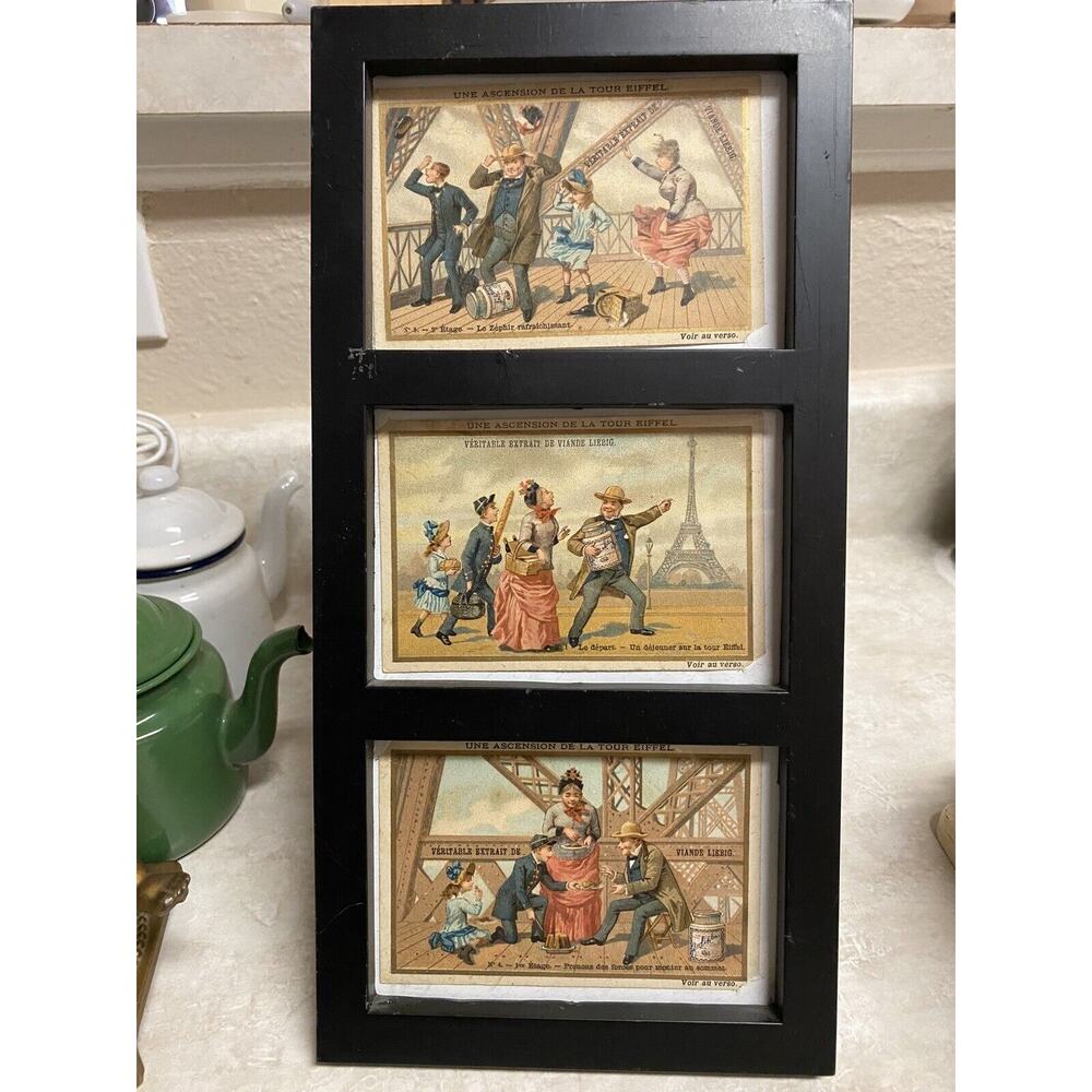 Framed Antique Liebig Chromo Advertising Cards The Ascension Of The Eiffel Tower